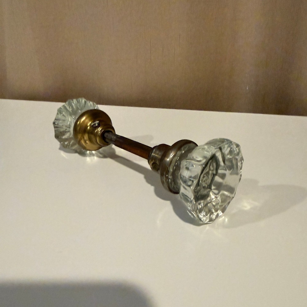 Antique Fluted Glass Door Knobs Vintage Brass Hardware Set 12 Point Star Pattern